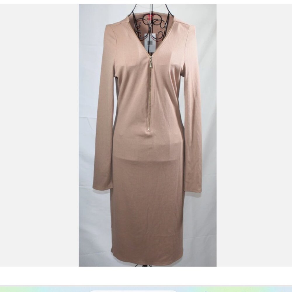 Brown Tan Ribbed Long Sleeve Dress NWT Guess Zip Front XL Stretchy Rayon Blend